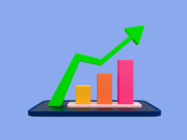 3d minimal marketing strategy concept. business analysis. marketing data analysis. Statistic bar graph with a green arrow rising. 3d illustration.